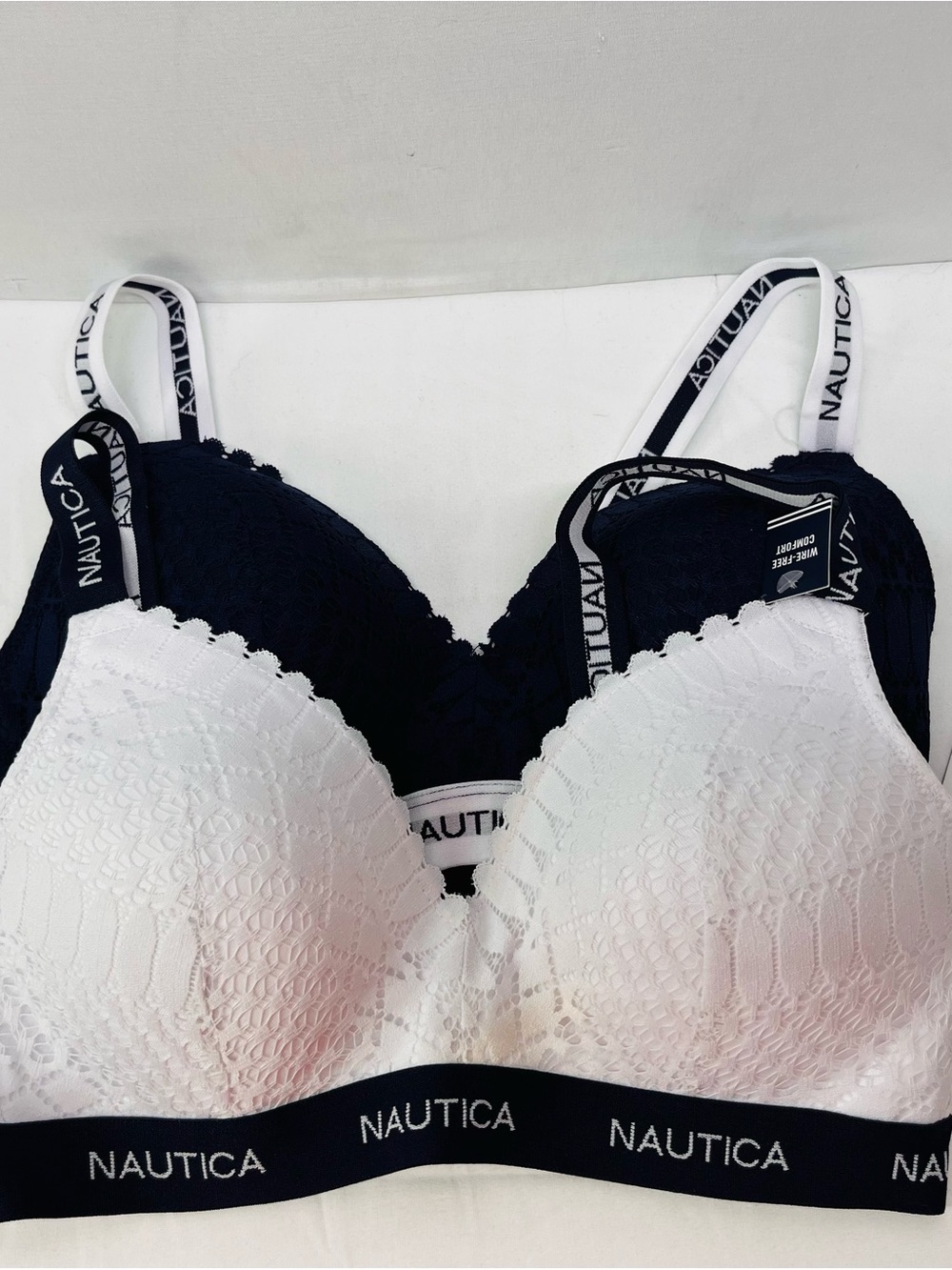 2 Nautica Lace-Trim Bralette in White and Navy